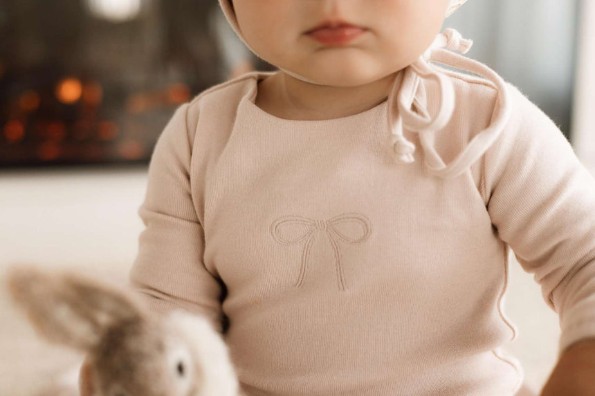Embroidered Bows Placement Footie - Rose Clay Bows