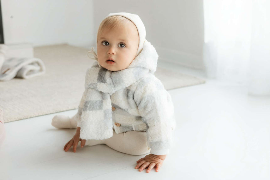 Abstract Square Sherpa Jacket and Beanie - Steel Blue Blocks
