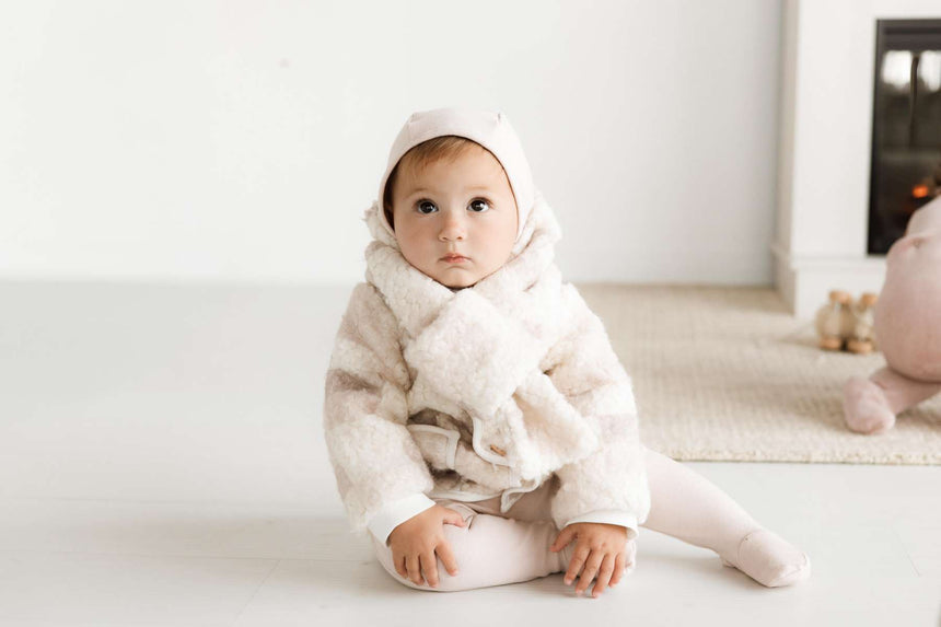Abstract Square Sherpa Jacket and Beanie - Misty Rose Blocks