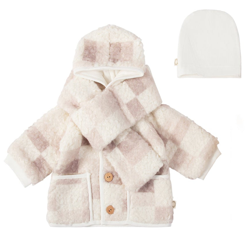 Abstract Square Sherpa Jacket and Beanie - Misty Rose Blocks