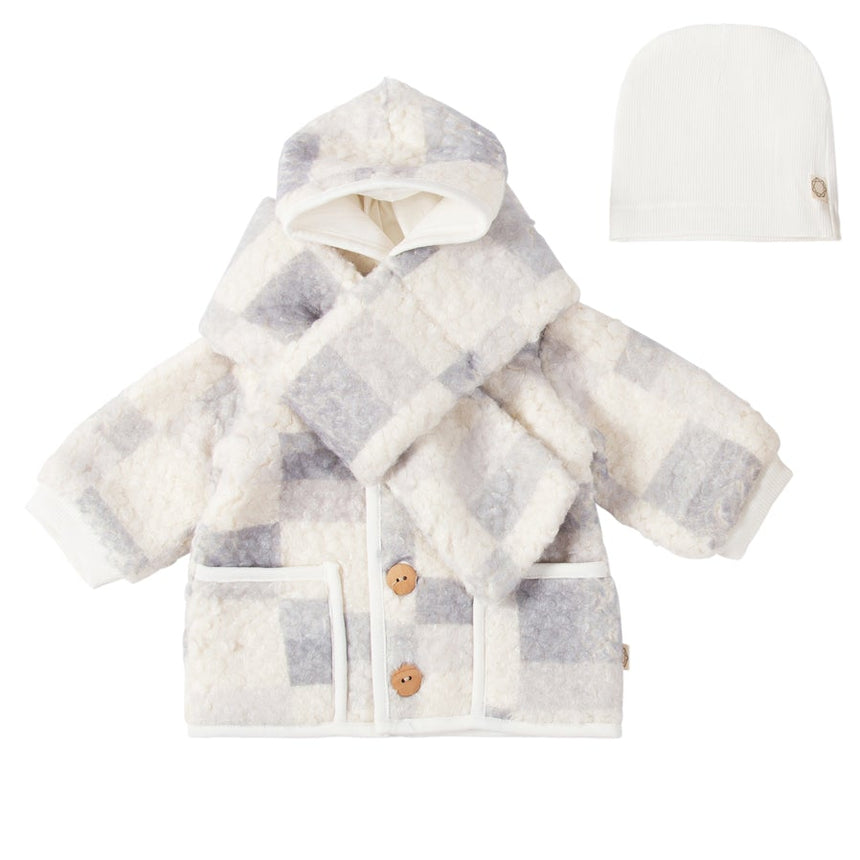 Abstract Square Sherpa Jacket and Beanie - Steel Blue Blocks