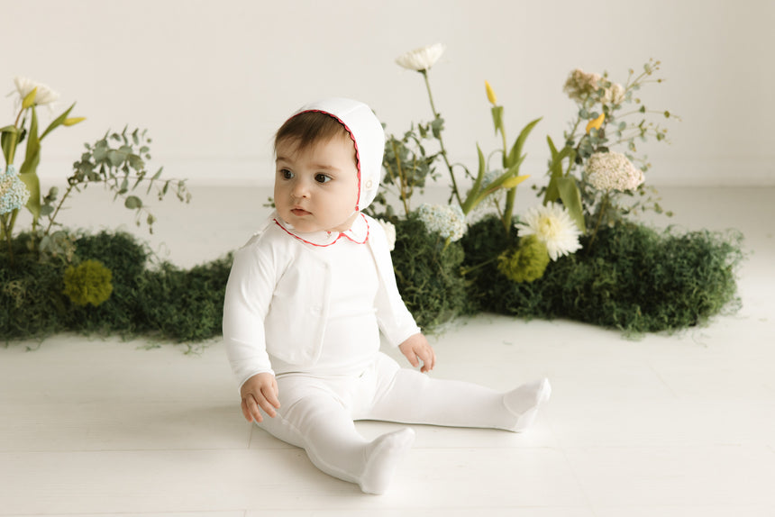 Ric Rac Footie, Bonnet, Cardigan Set - White/Hot Pink