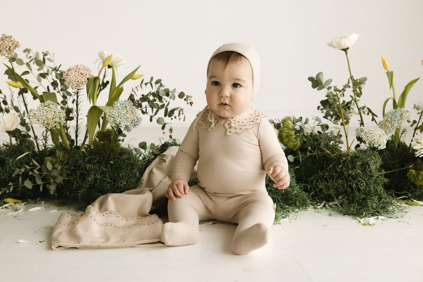Lace Eyelet Layette Set - Oat Tonal