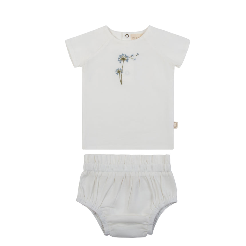 Dandelion Embroidery Top and Bottom White Blue