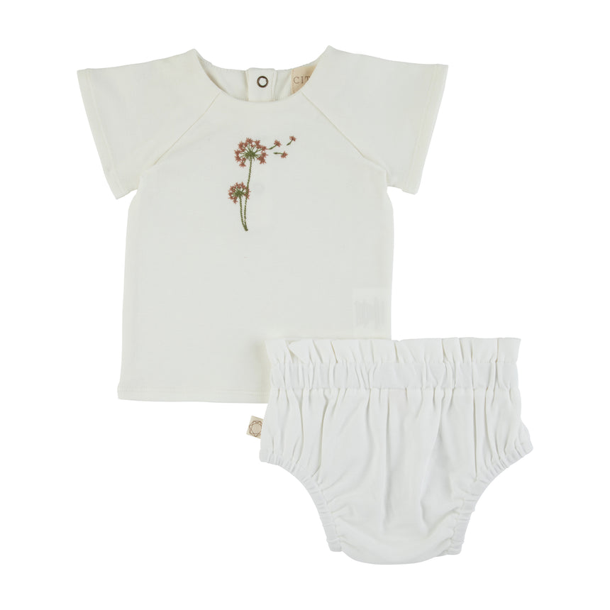 Dandelion Embroidery Top and Bottom White Pink