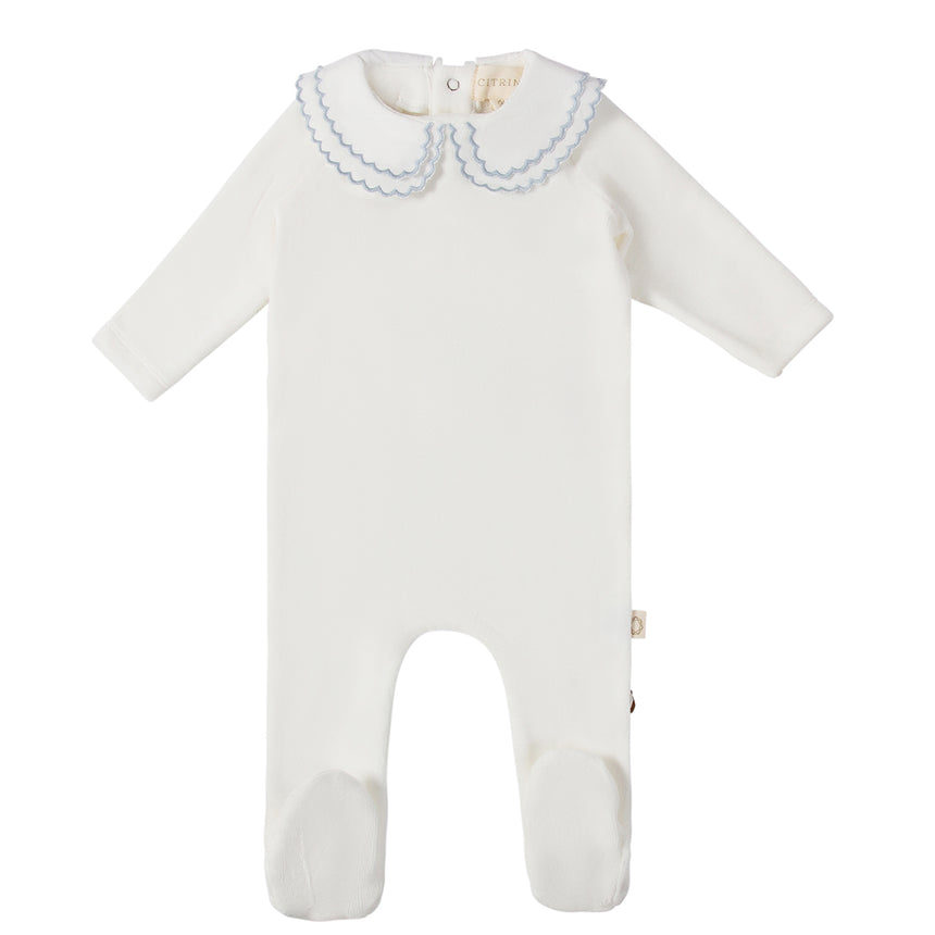 Double Embroidery Footie - Warm White/Blue