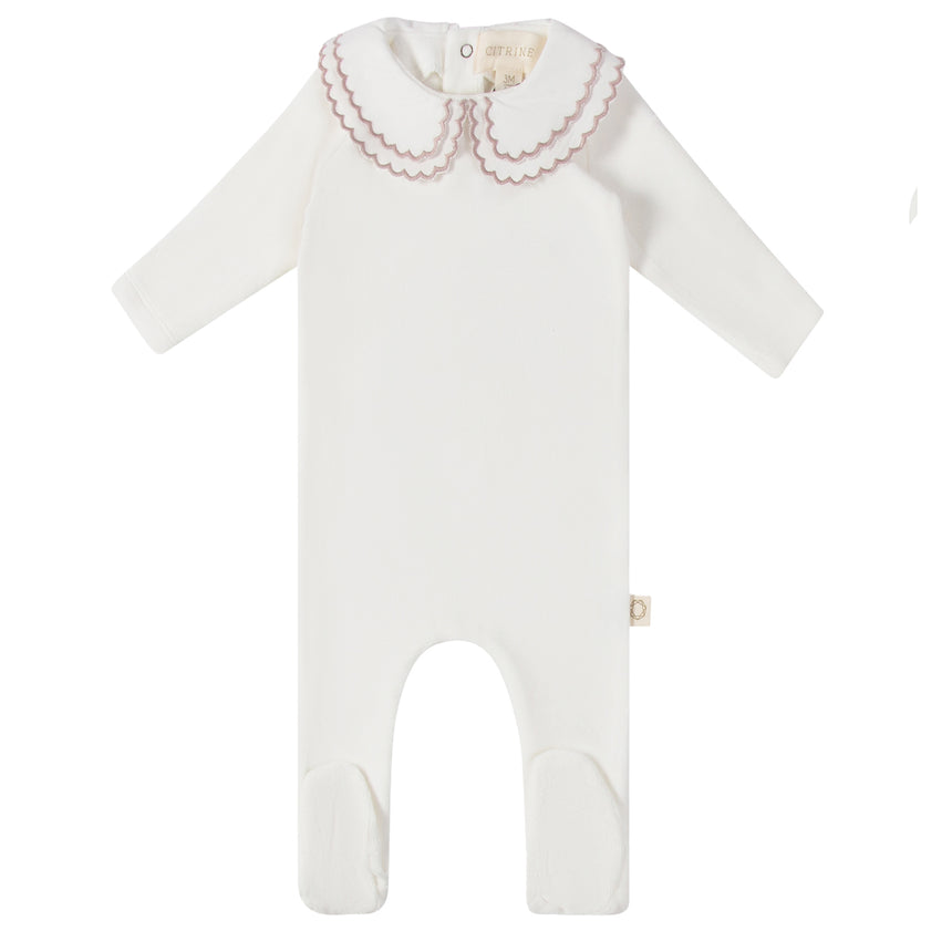 Double Embroidery Footie - Warm White/Lavender