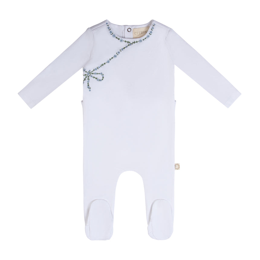 Mock Wrap Embroidery Footie - White/Light Blue