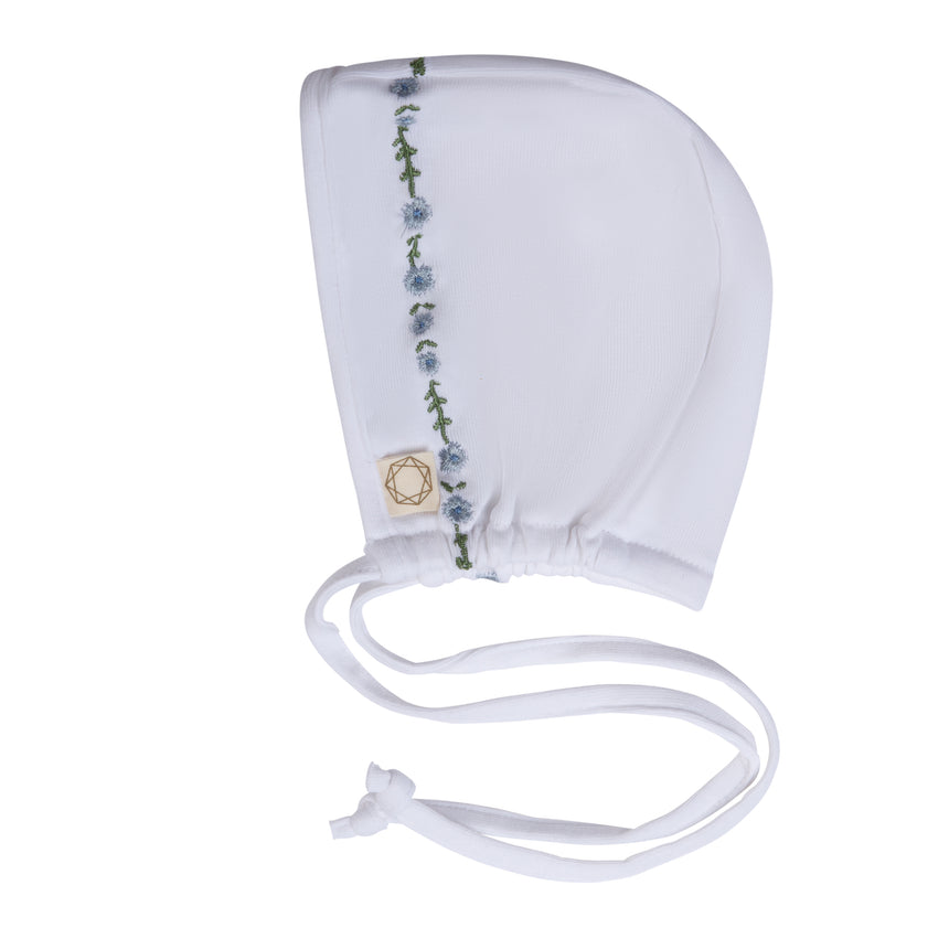 Mock Wrap Embroidery Bonnet - White/Light Blue