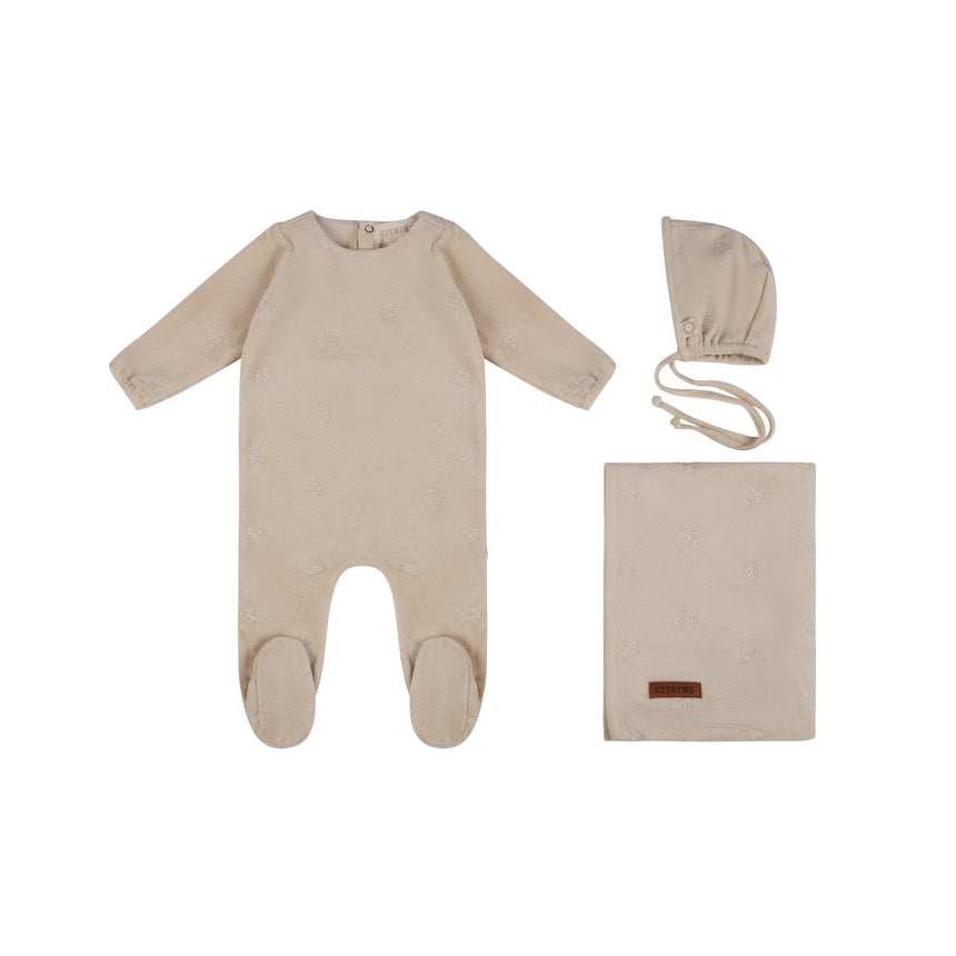 Embroidered Eyelet Velour Set - Oat