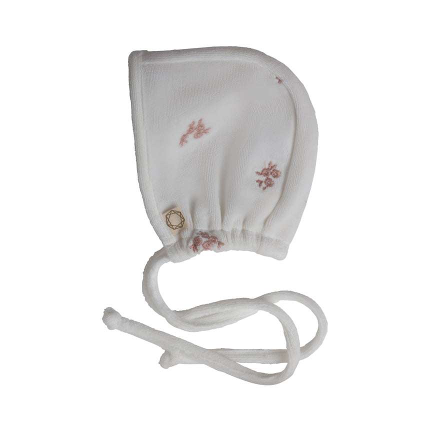 Embroidered Eyelet Velour Bonnet - White/Pink