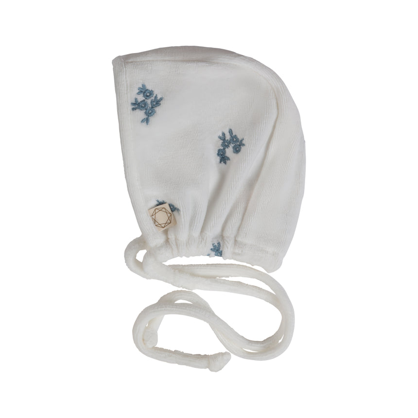 Embroidered Eyelet Velour Bonnet - White/Blue