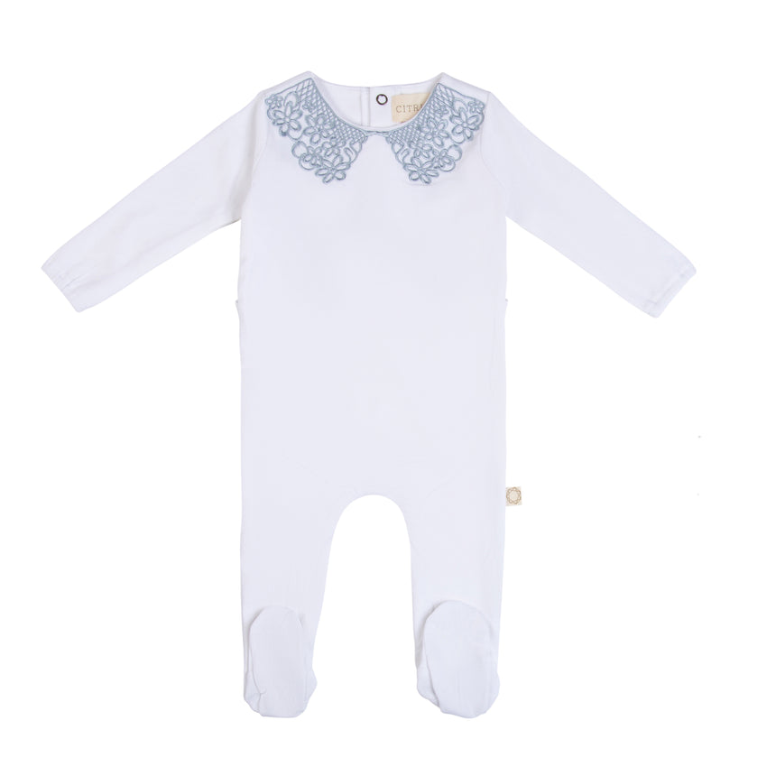 Lace Collar Footie - White/Blue