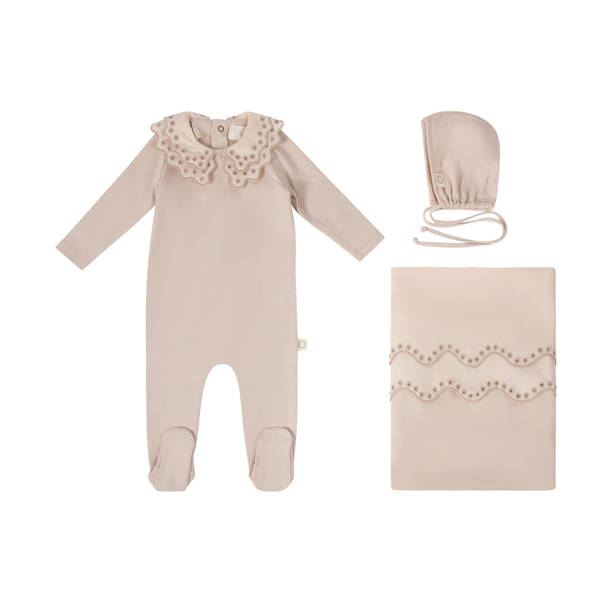 Lace Eyelet Layette Set - Oat Tonal