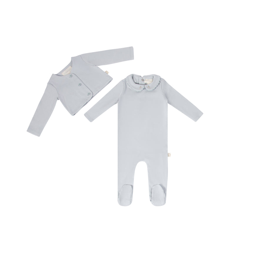 Ric Rac Footie and Cardigan - Light Blue Tonal
