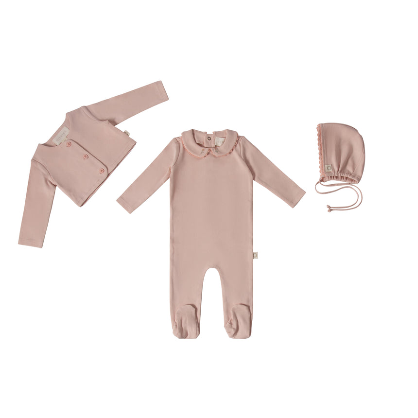 Ric Rac Footie, Bonnet, Cardigan Set - Pink Tonal
