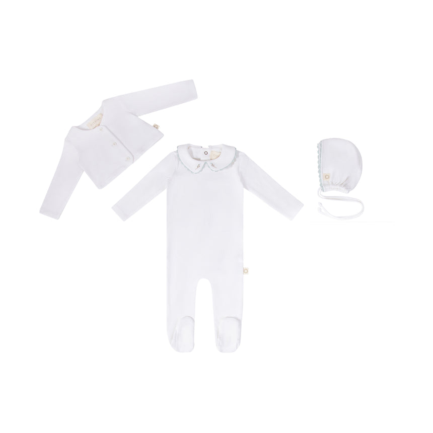 Ric Rac Footie, Bonnet, Cardigan Set - White/Blue