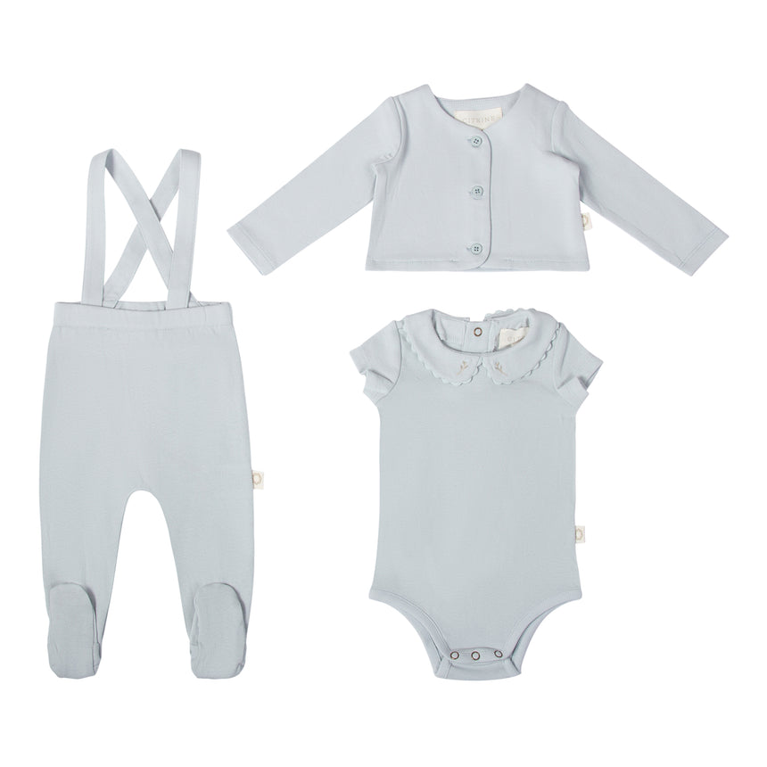 Ric Rac Onesie, Overall and Cardigan - Light Blue Tonal