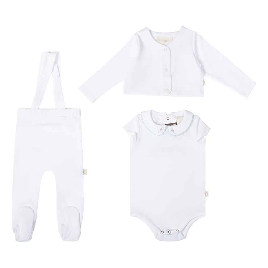 Ric Rac Onesie, Overall and Cardigan - White/Blue