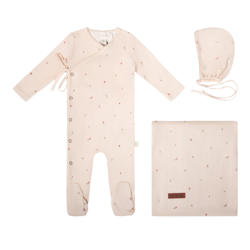 Tiny Roses Layette Set - Red on Natural