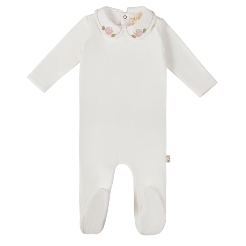 X Stitch Rose Footie - Cream/Pink