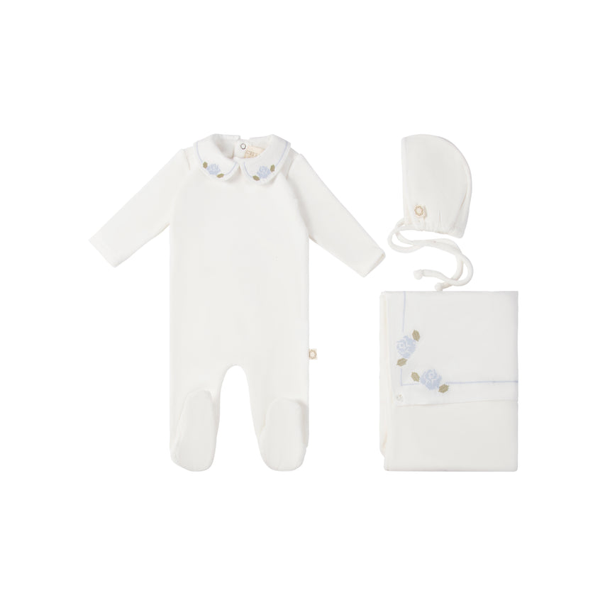 X Stitch Rose Layette Set - Cream/Light Blue