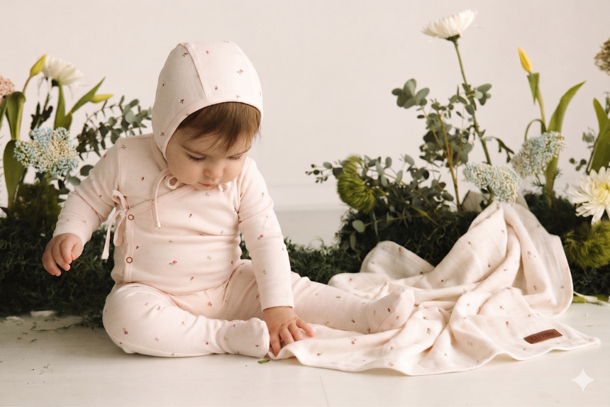 Tiny Roses Layette Set - Red on Natural