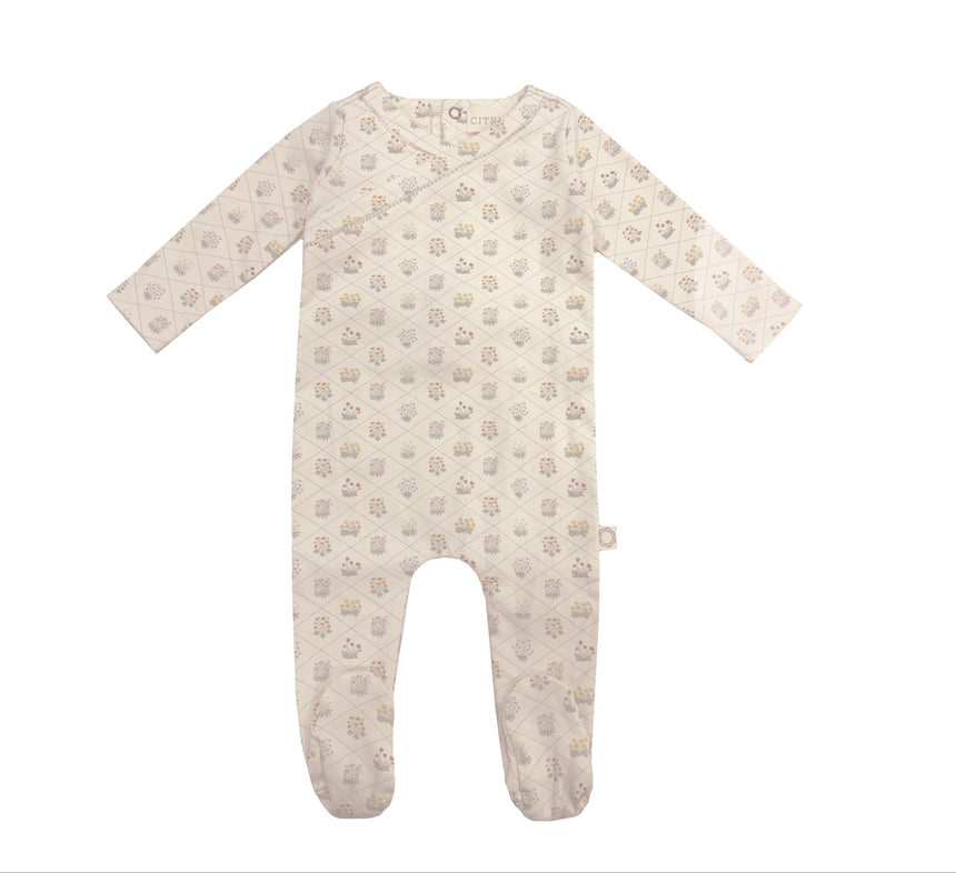 Trellis Floral Footie - Natural/Blue